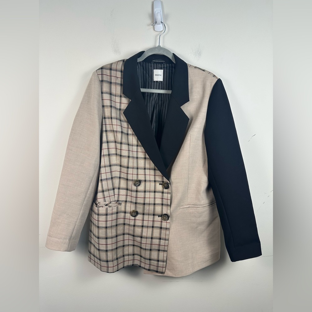 Anthropologie Two-Tone Plaid & Solid Blazer in Beige, Black - Picture 2 of 9